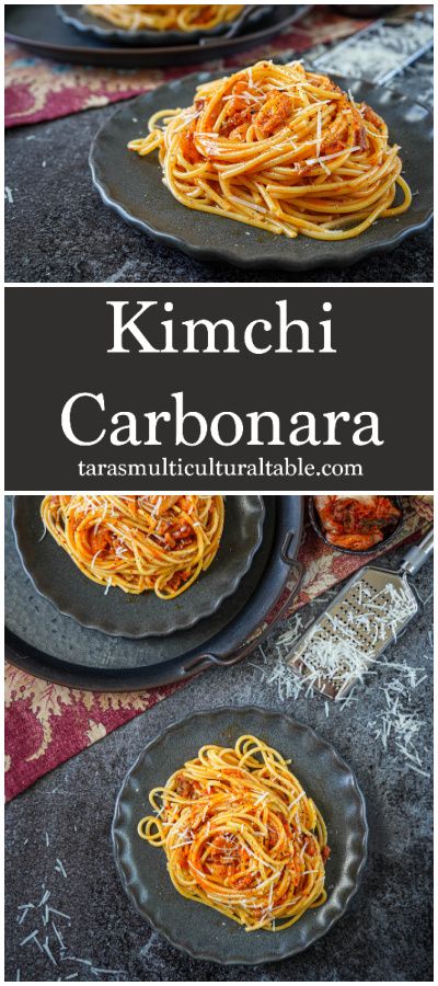 Kimchi Carbonara on two gray plates next to shredded cheese. Kimchi Spaghetti, Kimchi Carbonara Pasta, Kimchi With Eggs, Carbonara Recipe With Egg, Kimchi Scrambled Eggs, Vegetarian Kimchi, Carbonara With Guanciale, Spicy Broccoli, Kimchi Recipe