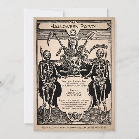 Vintage Creepy Customizable Skeleton Invitation - vintage halloween invitations Vintage Halloween Party Invitations, Vintage Halloween Invitations, Victorian Party, Adult Halloween Party Invitations, Halloween Invite, Skeleton Illustration, Halloween Festivities, Adult Halloween Party, Vintage Trends