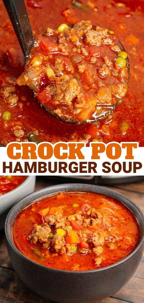 Crock Pot Hamburger Soup is hearty slow cooker dish loaded with ground beef, frozen mixed vegetables, diced tomatoes, tomato sauce and beef broth. Quick And Easy Vegetable Beef Soup, Soup With Ground Beef Easy, Ground Beef Soup Crockpot, Soup Made With Hamburger, Crockpot Beef Soup, Crock Pot Hamburger Soup, Crockpot Hamburger Soup, Soups With Ground Beef, Beef Soup Crockpot