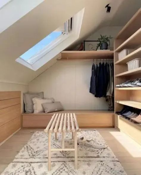 a tiny attic closet with open shoe shelves and a railing plus a storage daybed and a bench is a lovely space Attic Closet Ideas, Loft Closet, Small Loft Spaces, Loft Conversion Bedroom, Attic Closet, Loft Bathroom, Loft Storage, Loft Space, Small Loft