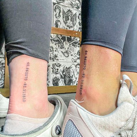 Lat And Long Tattoo, Ankle Coordinates Tattoo, Long Ankle Tattoo, Coordinates Tattoo Placement Ankle, Coordinate Tattoo Placement, Lat Long Tattoo, Matching Coordinates Tattoo, Gps Tattoo Coordinates, Coordinates Tattoo Women