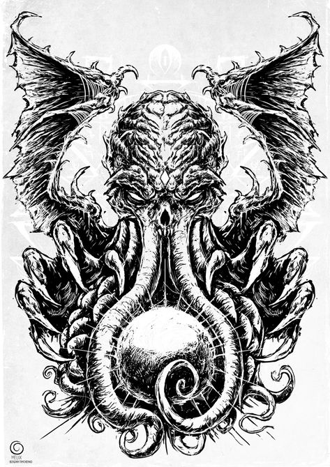 Cthulhu on Behance Cthulhu Art Drawing, Cthulu Tattoos, Lovecraft Tattoo Ideas, Cthulhu Tattoo Design, Lovecraftian Tattoo, Cthulhu Drawing, Cthulhu Tattoo, Lovecraft Monsters, Lovecraft Art