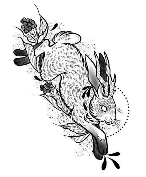 Nox tattoos on Instagram: “FLASH! Jumping jackalope up for grabs ready to be tattooed after we reopen the shop 🖤 . . . #tattooidea #flash #flashtattoo #customtattoo…” Rabbit With Horns Tattoo, American Traditional Otter Tattoo, Rabbit Face Tattoo, Gothic Rabbit Tattoo, Irish Hare Tattoo, Leaping Rabbit Tattoo, Two Headed Rabbit Tattoo, Year Of The Rabbit Tattoo, Bunny Poses