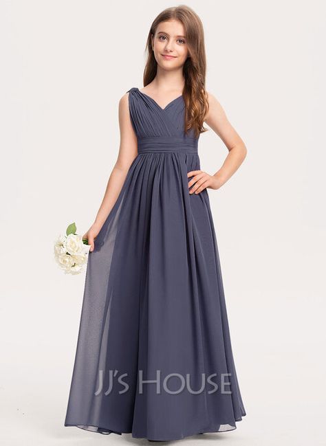 [US$ 63.00] A-Line V-neck Floor-Length Chiffon Junior Bridesmaid Dress With Ruffle Bridesmaid Dresses Floor Length, Junior Bridesmaid Dress, Two Piece Homecoming Dress, Dresses Chiffon, Bridesmaid Dresses Online, Lace Homecoming Dresses, Junior Bridesmaid Dresses, Chiffon Prom Dress, Chiffon Ruffle