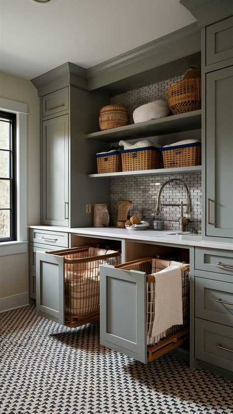 19 Laundry Room Cabinet Ideas for Stylish Organizing Laundry Basket In Laundry Room, Laundry Room Hamper Drawers, Laundry Closet In Living Room, Laundry Sorter Cabinet, Utility Room Before And After, Laundry Room Wrapping Station, Laundry Sorting Cabinet, Cream Cabinets Laundry Room, Laundry Room Cabinet With Hanging Bar