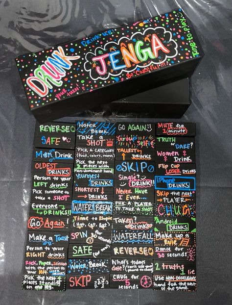 21st Birthday Activities Party Games, Painted Jenga Blocks Game, Black Out Board Game Drinking, Black Out Or Back Out Party, 21st Bday Party Themes, Drunk Bored Game, Jenga Painting Ideas, Diy Party Games For Adults, House Party Activities