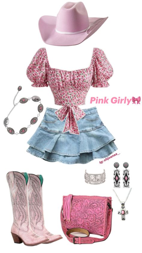 Pink Cowgirl fashion outfit, cowgirl boots, western jewelry Pink Denim Skirt Outfit, Cowgirl Outfits Pink, Cowgirl Skirt, Denim Skirt Outfit, Pink Denim Skirt, Boots Cowgirl, Denim Skirt Outfits, Outfit Cute, Boots Western