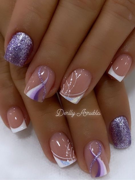 short, glittery purple nails with swirls and French tips Nail Ideas 2023 Purple, Purple Wedding Nails, Lilac Nails Design, Purple Nail Art Designs, Purple Nail Art, Lilac Nails, Purple Nail Designs, Lavender Nails, Fancy Nails Designs