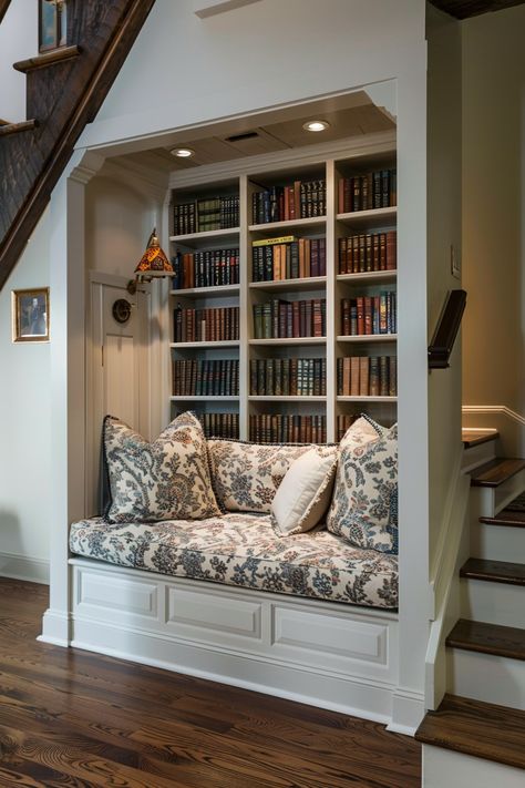 Nook Under The Stairs, Stair Nook, All About Books, Cozy Home Library, Home Library Rooms, Bedroom Ideas Aesthetic, Public Libraries, Under The Stairs, Nook Ideas