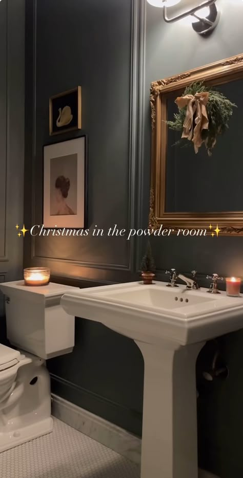 @thefreshhome on instagram, paint color knoxville gray by BM 50% Dark Panelled Bathroom, Painted Half Bath, Dark Powder Bathroom Ideas, Dark Paint Bathroom Ideas, Dark Painted Powder Room, Dark Paint Small Bathroom, Dark Powder Bath, Moody Bathroom With Wallpaper, Small Bathroom Paint Ideas No Window