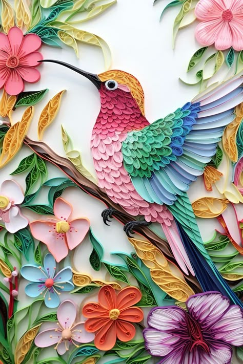 Hummingbird Quilling paper Art Pastel Color Quilling Step By Step, Hummingbird Quilling, 3d Quilling Ideas, Paper Art Illustration, Quilling Flowers Tutorial, Quilling Paper Art, Diy Quilling Crafts, Quilling Flower Designs, Bird Png