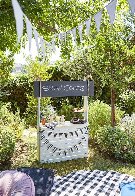 A Backyard Summer Snow Cone Soiree Snow Cone Stand, Kid Friendly Backyard, Emily Henderson Design, Summer Snow, Backyard Summer, Backyard Design Ideas, Snow In Summer, Snow Cone, Backyard Entertaining