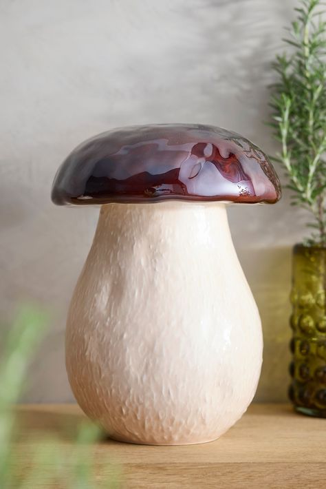 Crafted in Portugal, this mushroom-shaped jar pairs a touch of woodland whimsy with practical kitchen storage. Topped with a removable "cap" lid, each jar is cast in traditional molds and hand-glazed by skilled craftspeople. Lidded Jars Pottery, Woodland Whimsy, Garlic Jar, Pottery Jars, Ceramic Birdhouse, Clay Jar, Earthenware Ceramics, Practical Kitchen, Ceramic Cookie Jar