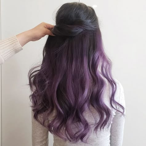 Lavender Hair Dye Underneath, Dyed Hair For Straight Hair, Underside Purple Hair, Dark Hair With Purple Balayage, Dyed Hair Ideas For Dark Brown Hair, Lavender Black Hair, Straight Hair Purple Highlights, Lavender Hair Highlights Brown, Peek A Boo Purple Highlights