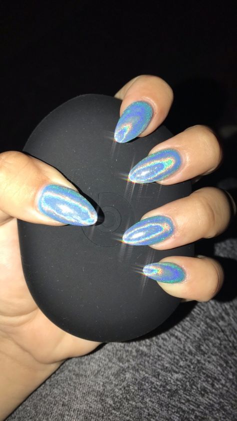 Iridescent Nails Blue, Blue Glazed Donut Nails, Light Blue Prom Nails Almond, Irredescent Nails Blue, Opal Blue Nails, Irridescent Nails Blue, Blue Reflective Nails, Translucent Blue Nails, Blue Glazed Nails