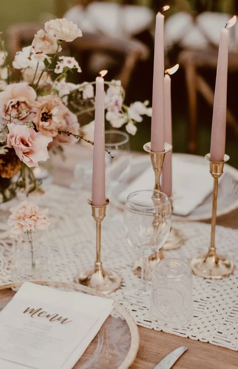 Blush Pink And Champagne Wedding Table Settings, Blush Taper Candles, Blush Candles Wedding, Wedding Gold Candlesticks, Tapered Candle Centerpiece, Pink Candles Wedding, Pink Wedding Tables, Pink Candle Sticks, Tapered Candles Wedding