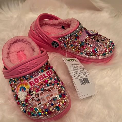 Custom crocs - size C11 -children’s Croc Sandles, Crocs Diy, Bedazzled Crocs, Red Crocs, Lined Crocs, Toddler Crocs, Custom Crocs, Crocs Pink, Pink Crocs