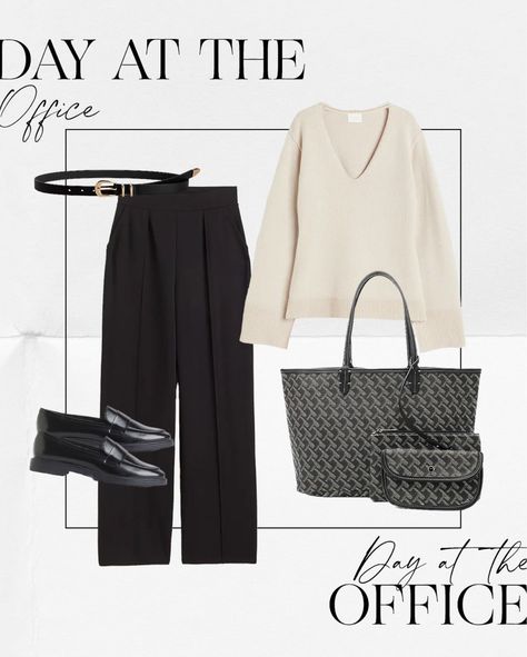 Looking for chic and neutral office outfits for fall? This ensemble is perfect as the weather cools off! This cream sweater goes great with black loafers and pleated trousers. Top it off with a bag big enough for your laptop, and you're ready to go to work! Tap to shop! Luxury Black Office Belt, Black Office Bag With Metal Hardware, Beige Office Bag With Gold-tone Hardware, Black Office Bags With Gold-tone Hardware, Black Office Bags With Silver-tone Hardware, Amazon Bag, Chic Office Outfit, Office Wear Women, Gold Tips