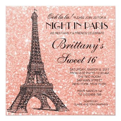 Pink Glitter Invitations, Parisian Party Theme, Gold Eiffel Tower, Paris Sweet 16, Paris Themed Birthday Party, Sweet 16 Party Invitations, Sweet 16 Themes, Paris Birthday Parties, Parisian Theme