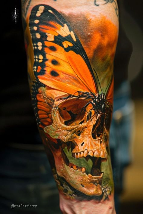 Butterfly Skull Tattoo, A Butterfly Tattoo, Skull Butterfly Tattoo, Sky Tattoos, Butterfly Skull, Create A Tattoo, Tattoos To Cover Scars, Feminine Tattoo Sleeves, Fan Tattoo