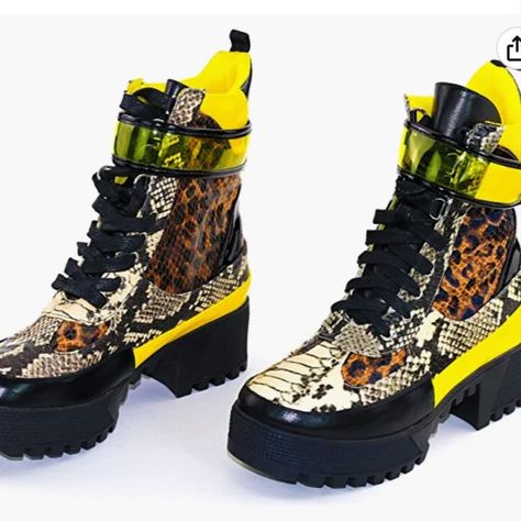 Snakeskin Leopard Print Neon Accents military combat boot with heel. Unique. Stylish. New Fashion. Combat Boots For Women, Platform Boots Chunky, Crystal Heels, Black Combat Boots, Chunky Block Heels, Snow Boots Women, Women Boots, Sole Shoes, Boots For Women