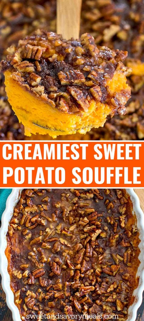 Sweet Potato Souffle is a delicious, rich and creamy side dish. Topped with crunchy, oven roasted pecans and a sprinkle of cinnamon sugar. #thanksgiving #sidedishes #sweetpotatosouffle #sweetpotatoes #sweetandsavorymeals #easyrecipes #holidayrecipes Oven Roasted Pecans, Potato Souffle, Souffle Recipe, Sweet Potato Souffle, Souffle Recipes, Cooking Sweet Potatoes, Roasted Pecans, Potato Side Dishes, Sweet Potato Casserole