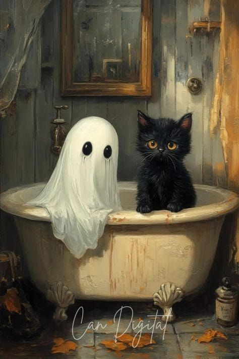 Halloween Cozy | Bath time! | Facebook Halloween Decorations Black Cat, Cat Halloween Aesthetic, Black Cats Art, Image Halloween, Halloween Cats, Kitten Art, Cute Black Cat, Halloween Artwork, Black Cat Art