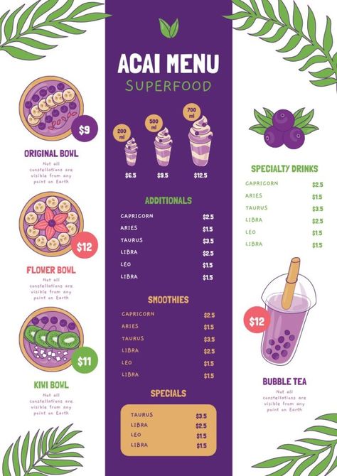 Hand-drawn Acai Superfood Bowls And Drinks Menu Build Your Own Bowl Menu Design, Acai Store Design, Acai Bar Design, Acai Menu Design, Acai Bowl Menu Design, Acai Shop Design, Acai Packaging, Acai Bowl Business, Acai Branding