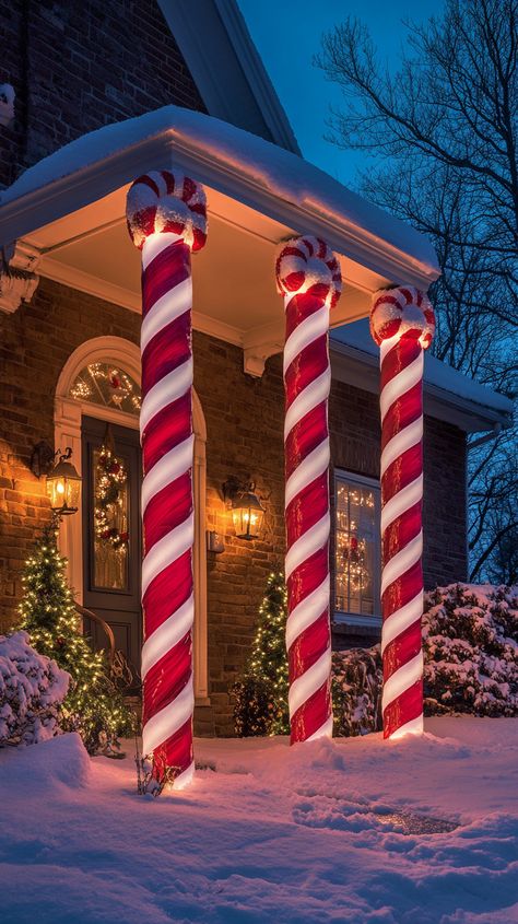 Enchanting porch with candy cane columns, softly lit, creating a magical winter atmosphere for Christmas and New Year's Eve. Candy Cane Yard Decor, Diy Candy Cane Decorations Outdoor Christmas Lights, Outdoor Peppermint Decor, Giant Christmas Present Decoration, Christmas Decor Porch Columns, Exterior Gingerbread House Decorations, Christmas Lights On Porch Posts, Santa’s Workshop Decorations Outdoor, Candy Cane Lights Outdoor