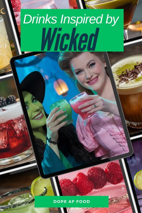 A vibrant promotional graphic showcasing cocktails inspired by WICKED, featuring a digital tablet displaying Elphaba and Glinda toasting with green and pink drinks. The background includes colorful cocktail images with garnishes, highlighting the magic of WICKED-themed beverages. Text reads, "Drinks Inspired by WICKED"  Perfect for WICKED cocktail lovers and Broadway fans. Dolly Parton Cocktail, Wicked Party Food, Wicked Party Ideas, Wicked Cocktail, Green Martini, Elphaba And Glinda, The Emerald City, Batch Cocktails, Wicked Musical