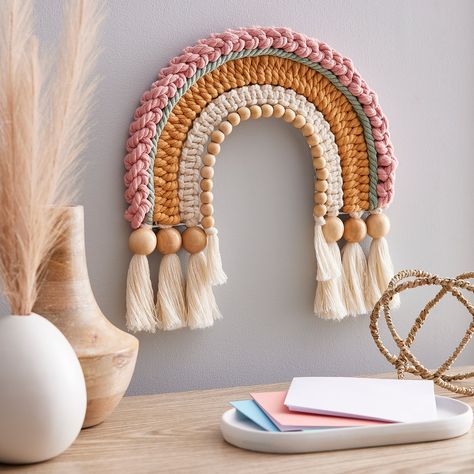 Macramé Rainbow Wall Décor Macrame Rainbow Wall Hanging, Rainbow Wall Decor, Overhand Knot, Bead Landing, Rainbow Macrame, Paracord Knots, Knitted Wire, Macrame Rainbow, Rainbow Wall Hanging