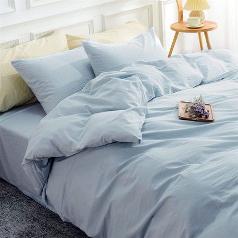 100% washed cotton [100% washed cotton, breathable, keep shape and soft after each wash]: This Duvet cover is made of 100% washed cotton. Blue Comforter, Blue Duvet, Blue Duvet Cover, Cotton Duvet Cover, Cotton Duvet, Bed Duvet Covers, My New Room, Cozy Bedroom, Duvet Cover Set