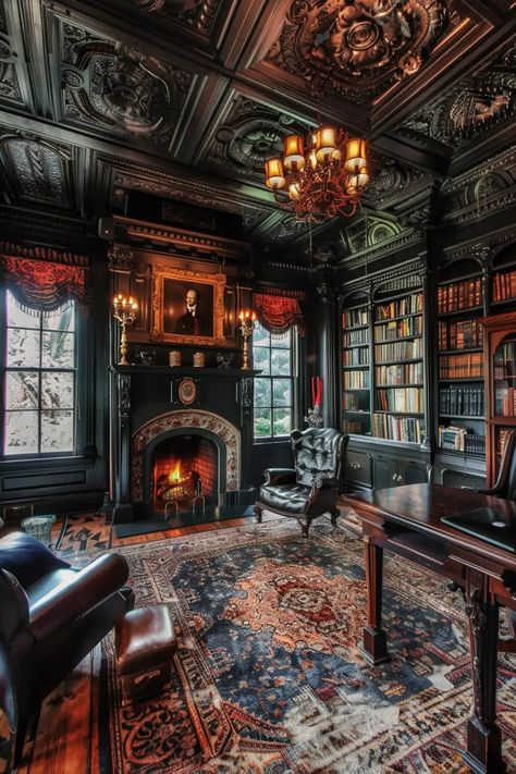 The only way to design a sophisticated Victorian style home office Victorian Brownstone Interior, Vampire Office Aesthetic, Historical Victorian Homes, Romantic Victorian Decor, Victorian Home In The Woods, Inside Victorian Homes, Victorian Home Decor Ideas, Victorian Manor Interior, House Interior Victorian