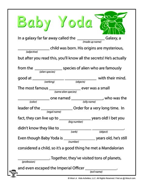 Printable Baby Yoda Mad Libs for Kids | Woo! Jr. Kids Activities Free Mad Libs, Mad Libs For Kids, Fun Road Trip Games, Fun Writing Activities, Ad Libs, Classroom Transformation, Mad Libs, Printables Free Kids, Teacher Binder