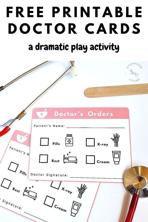 Dramatic Play Printables Free, Doctor Dramatic Play, Doctor Prescription, Doctor Role Play, Pretend Play Printables, Doctor Play Set, Dramatic Play Printables, Purposeful Play, Dramatic Play Preschool