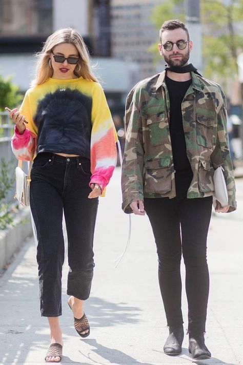 PHOTO: GETTY IMAGES Toss a tie-dye jacket over a monochrome sweatsuit. Tie Dye Sweatshirt Outfit, Tye Dye Sweatshirt, Tie Dye Jacket, 1950s Jacket Mens, Black Boyfriend Jeans, Ty Dye, Cargo Jacket Mens, Khaki Parka, Green Cargo Jacket