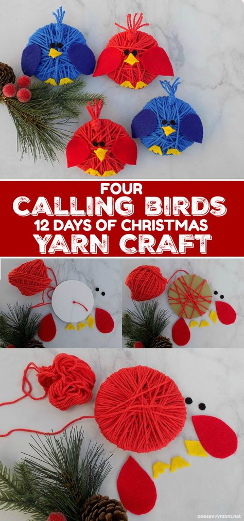 #AD 4 Calling Birds Yarn Craft For Kids! These 4 Calling Birds wrapped yarn bird Christmas tree ornaments, are super simple to make with toddlers and young children this holiday season.  It’s the perfect “12 Days of Christmas” song kids craft to do this holiday season! #DIY #ChristmasPriceIndex @PNC Yarn Ornaments For Kids, Winter Bird Crafts For Kids, Winter Bird Craft, 4 Calling Birds Gift Ideas, 12 Days Of Christmas Crafts For Kids, 12 Days Of Christmas Ornaments Diy, Children Day Gift Ideas For Kids, Bird Ornaments Diy, 12 Days Of Christmas Crafts