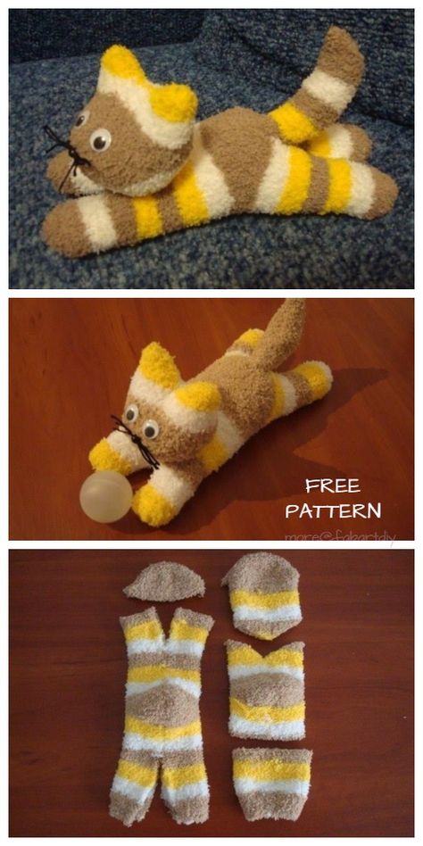 DIY Sock Kitten Free Sewing Pattern + Video Tutorial Sock Cats, Sock Kitten, Sock Animals Diy, Diy Sock Toys, Sock Animals Patterns, Kat Diy, Diy Cat Toys, Sock Dolls, Sock Doll