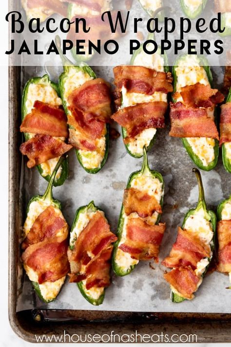 Make these Bacon-Wrapped Jalapeno Poppers as an appetizer for your next party night or game day! Every bite is loaded with creamy, spicy, cheesy, smoky flavor that is totally irresistible! #bacon #jalapenopoppers #appetizer #gameday #party #easy #creamcheese #jalapenos #withbacon #homemade Jalapeno Poppers Oven, Wrapped Jalapeno Poppers, Jalapeno Poppers Recipe, Gameday Party, Bacon Jalapeno Poppers, Bacon Wrapped Jalapeno Poppers, Jalapeno Popper Recipes, Chile Recipes, Bacon Wrapped Jalapenos