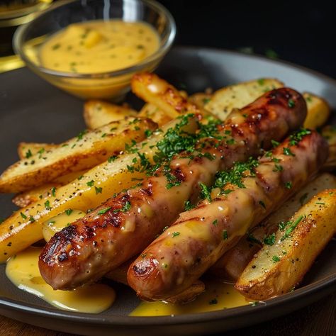 Sausage and Fries with Onion Sauce Ingredients: For the Sausages: 4 pork sausages 1 tablespoon olive oil Fresh parsley, chopped, for garnish For the Fries: 4 large potatoes, cut into wedges 2 tablespoons olive oil Salt and freshly ground black pepper, to taste For the Onion Sauce: 2 tablespoons butter 1 large onion, finely chopped 2 cloves garlic, minced 1 tablespoon all-purpose flour 1 cup chicken broth 1/2 cup heavy cream 1 tablespoon Dijon mustard Salt and freshly ground black pepper, t... Pork Sausages, Sausage Dishes, Healthy Food Habits, Onion Sauce, Food Rules, Nutritious Diet, Fair Food Recipes, Bella Thorne, Beauty Standards