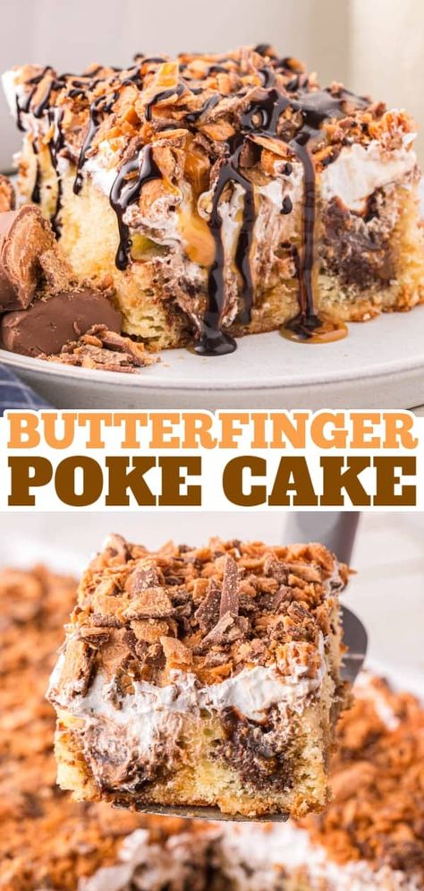 Butterfinger Poke Cake is a decadent dessert starting with a golden cake filled with chocolate and caramel sauce and topped with whipped topping and chopped Butterfinger chocolate bars. Thanksgiving Poke Cake Recipes, Golden Oreo Poke Cake, Easy Butterfinger Cake, Cake Auction Cakes, Butterfinger Birthday Cake, Butter Finger Cake, Butter Finger Cake Easy, Butter Finger Poke Cakes, Butterfinger Lush Dessert