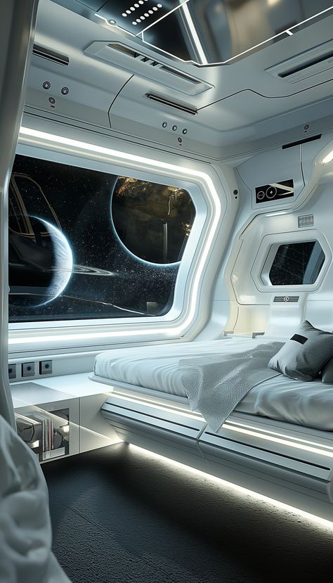 A sleek and clean futuristic sci-fi fi spaceship bedroom cabin, white and chrome, large bay window to the infinite galactic space, planets and stars --v 6 Spaceship Bedroom, Sci Fi Interior Design, Sci Fi Bedroom, Spaceship Design Interior, Spaceship Room, Design A Superhero, Spaceship Aesthetic, Sci Fi Room, Futuristic Room