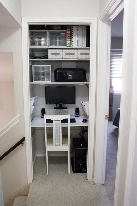 Small Closet Desk, Closet Turned Office, Closet Desk, Tiny Home Office, Airing Cupboard, Home Office Closet, Tiny Office, Closet Vanity, Bilik Air