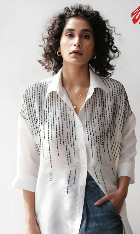 Ladies Blouses And Tops, Ladies Blouses, Fancy Shirt, Simple Hand Embroidery Patterns, Office Shirt, Blouses And Tops, Trendy Fashion Tops, Embroidery On Clothes, Clothing Details