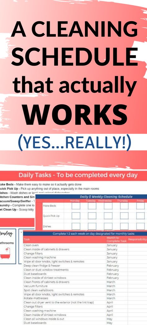 An easy cleaning schedule that will actually work! Realistic daily and weekly cleaning schedules for busy people. Includes free printable cleaning schedule. #cleaningschedule #cleanhome #cleaningroutine Realistic Weekly Cleaning Schedule, Cleaning Schedule For Busy People, House Cleaning Schedule For Busy People, Weekly Cleaning Schedule Printable Free, Fly Lady Cleaning Schedule, Housework Schedule, Cleaning Charts, Realistic Cleaning Schedule, Schedule Printable Free