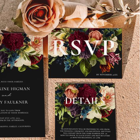 Moody Burgundy and Black Winter Floral Wedding RSVP Card Jewel Tone Wedding Invitations, Winter Floral Wedding, Periwinkle Wedding, Jewel Tones Palette, Marriage Day, Enchanted Forest Wedding, Jewel Tone Wedding, Wedding Rsvp Card, Winter Floral