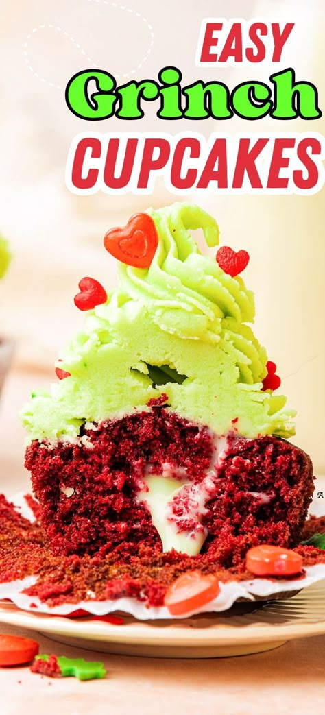 Add a touch of holiday mischief with these adorable Grinch cupcakes! Perfect for Christmas dessert ideas, these green cupcakes are festive and fun for kids and adults alike. Whether you're planning a Whoville party or just need an easy Christmas baking recipe, these Grinch-themed treats are sure to impress. Follow our step-by-step guide to whip up these holiday cupcakes that will steal the show this season! Fourth Of July Dessert Recipes, Grinch Christmas Treats, Whoville Party, Grinch Cupcakes, Grinch Recipes, Grinch Food, Christmas Baking Recipes Easy, Grinch Christmas Ideas, Easy Christmas Baking