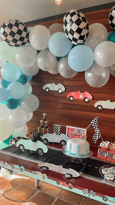 Vintage Race Car Themed Birthday Party, Vintage Race Car Piñata, Fast And Five Birthday Party, Vintage Car Birthday Theme, Vintage Car Party Theme, Car Themed Third Birthday Party, Car Themed Birthday Party 2 Year, Modern Race Car Birthday Party, Fast And Five Birthday