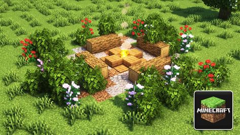 Minecraft Fire Pit Design, Minecraft Bonfire Pit, Aesthetic Minecraft Campsite, Campfire Minecraft Build, Minecraft Camping Spot, Minecraft Outdoor Fireplace, Bonfire Minecraft, Minecraft Campsite Ideas Aesthetic, Camp Minecraft Ideas