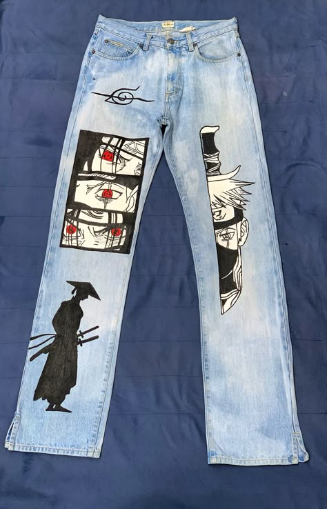 Painting On Pants Ideas, Anime Pants, Custom Jeans Diy, Denim Diy Clothes, Ropa Upcycling, Custom Jean, Diy Pants, Anime Custom, Painted Clothes Diy